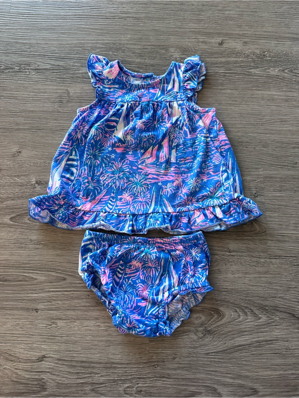 Lilly Pulitzer Blue & Pink Sailboat Print Baby Dress Set - 3-6 months